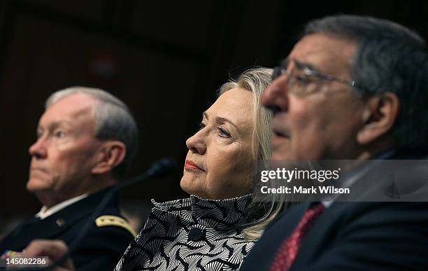 Secretary of State Hillary Clinton , U.S. Defense Secretary Leon Panetta , and Chairman of the Joint Chiefs of Staff Martin Dempsey participate in a...