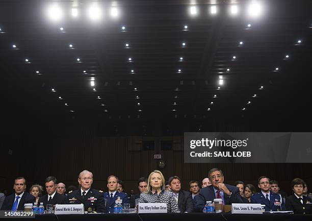 Secretary of Defense Leon Panetta , US Secretary of State Hillary Clinton, and General Martin Dempsey, Chairman of the Joint Chiefs of Staff, testify...