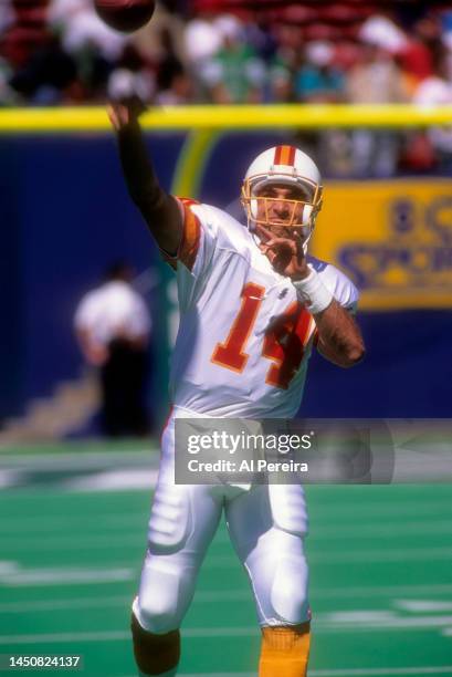 Quarterback Vinny Testaverde of the Tampa Bay Buccaneers passes the ball in the game between the Tampa Bay Buccaneers vs the New York Jets at The...