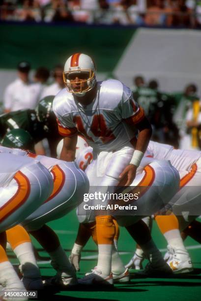 Quarterback Vinny Testaverde of the Tampa Bay Buccaneers calls a play in the game between the Tampa Bay Buccaneers vs the New York Jets at The...