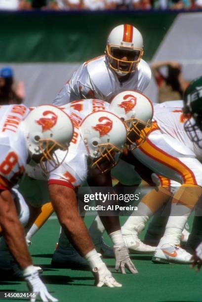 Quarterback Vinny Testaverde of the Tampa Bay Buccaneers calls a play in the game between the Tampa Bay Buccaneers vs the New York Jets at The...