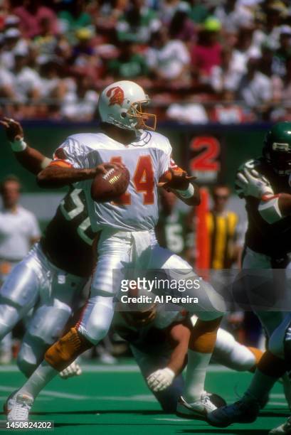 Quarterback Vinny Testaverde of the Tampa Bay Buccaneers passes the ball in the game between the Tampa Bay Buccaneers vs the New York Jets at The...