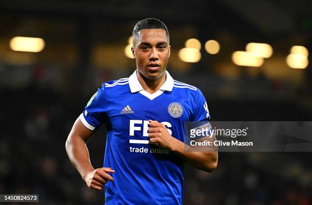 Youri Tielemans of Leicester looks on during the Carabao Cup Fourth Round match between Milton Keynes Dons and Leicester City at Stadium mk on...