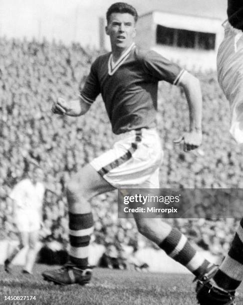 Cardiff City centre half Danny Malloy in action. 27th August 1957.