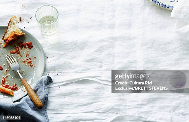 dirty plate on tablecloth - finishing food stock pictures, royalty-free photos & images