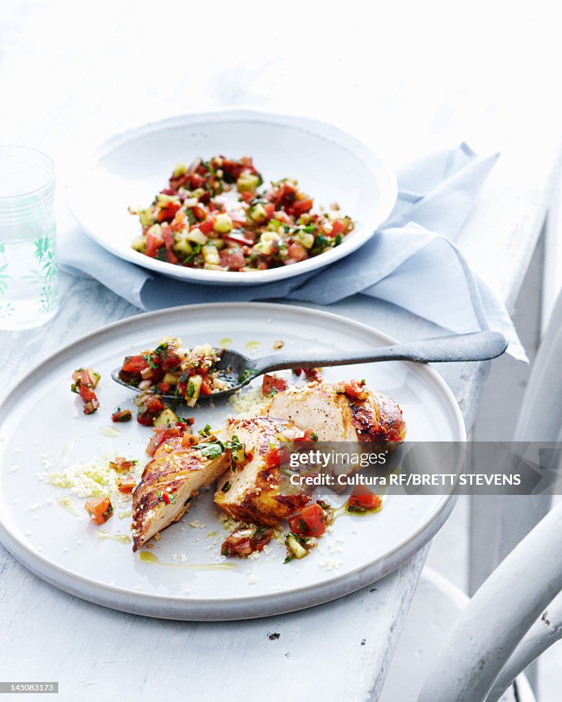 Plate of chicken with salsa