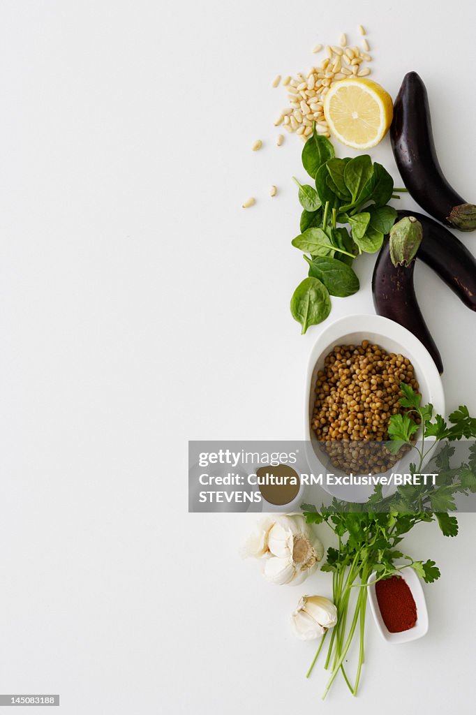 Bowl of couscous, eggplants and herbs