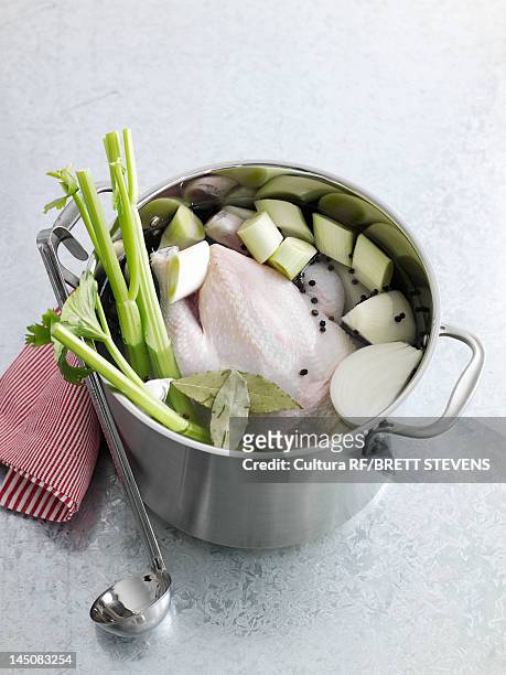 pot of chicken and vegetables for stock - celery soup stock pictures, royalty-free photos & images