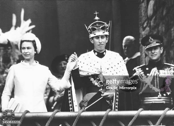 Investiture of Prince Charles at Caernarfon Castle with Queen Elizabeth and Prince Philip. 1st July 1969.