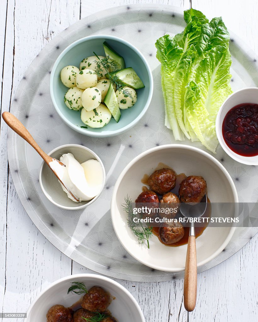 Platter with Swedish meatballs and salad