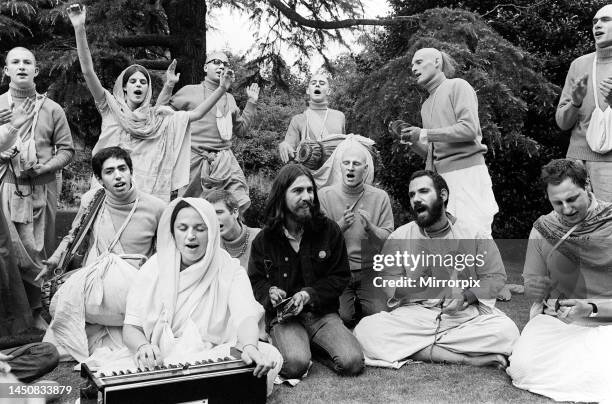 George Harrison at the Radha Krishna Temple. George with members of the 12 strong Radha Krishna Temple at a press reception at Sydenham Hill, south...