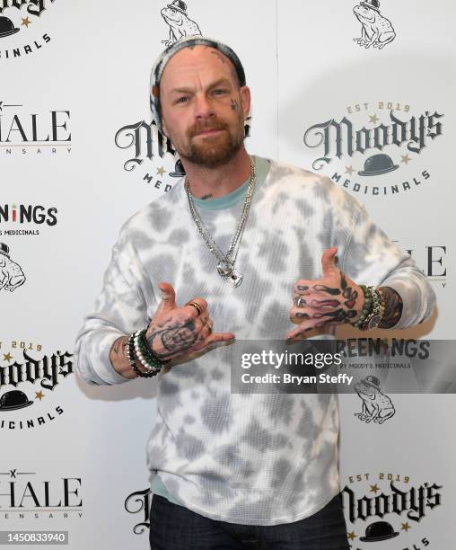 Singer Ivan Moody of Five Finger Death Punch poses during an appearance to celebrate the unveiling of his new cannabis wellness line "Greenings by...