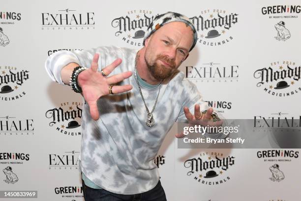 Singer Ivan Moody of Five Finger Death Punch poses during an appearance to celebrate the unveiling of his new cannabis wellness line "Greenings by...