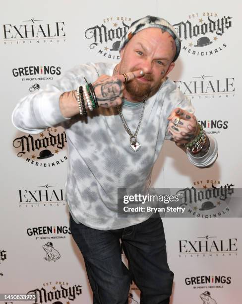 Singer Ivan Moody of Five Finger Death Punch poses during an appearance to celebrate the unveiling of his new cannabis wellness line "Greenings by...