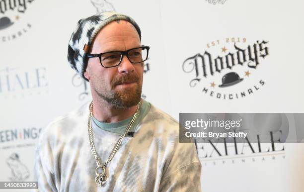 Singer Ivan Moody of Five Finger Death Punch poses during an appearance to celebrate the unveiling of his new cannabis wellness line "Greenings by...
