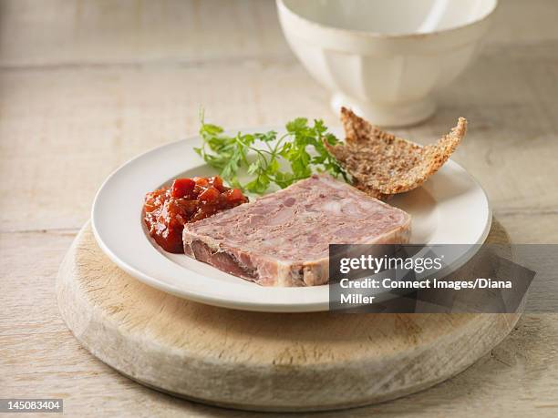 plate of pork terrine with chutney - pate stock pictures, royalty-free photos & images