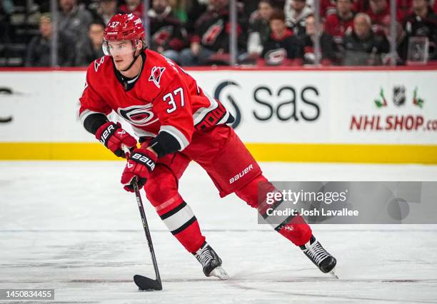 Andrei Svechnikov of the Carolina Hurricanes skates during the first period against the New Jersey Devils at PNC Arena on December 20, 2022 in...