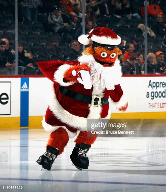 Gritty the Philadelphia Flyers mascot skates prior to the game against the Columbus Blue Jackets at the Wells Fargo Center on December 20, 2022 in...