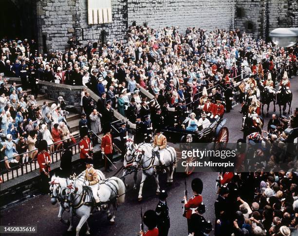 Investiture of Prince Charles as Prince of Wales, . Royal family drive from Caernarfon Castle after the ceremony.