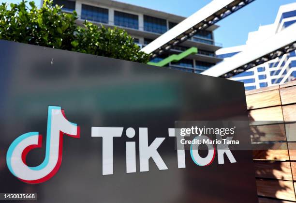 The TikTok logo is displayed outside a TikTok office on December 20, 2022 in Culver City, California. Congress is pushing legislation to ban the...