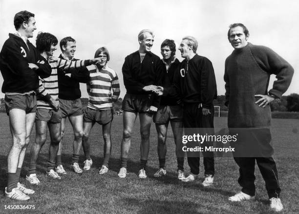 Manchester United football player Ian Ure at their team's training ground with l-r Bill Foulkes, George Best, Pat Crerand, John Fitzpatrick, Willie...