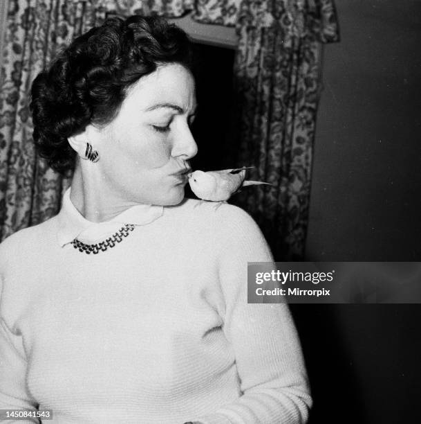 Woman with budgie eating from her lips, 20th July 1934.