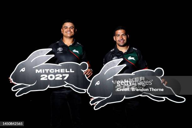 Latrell Mitchell and Cody Walker of the Rabbitohs pose for a photograph during a South Sydney Rabbitohs NRL media opportunity at The Venue on...