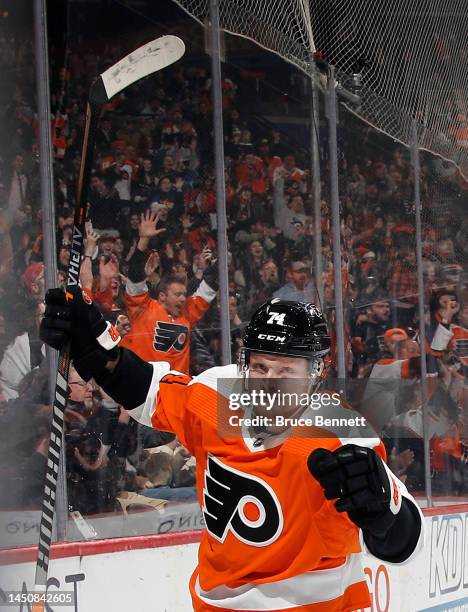 Owen Tippett of the Philadelphia Flyers celebrates his second period goal against the Columbus Blue Jackets at the Wells Fargo Center on December 20,...