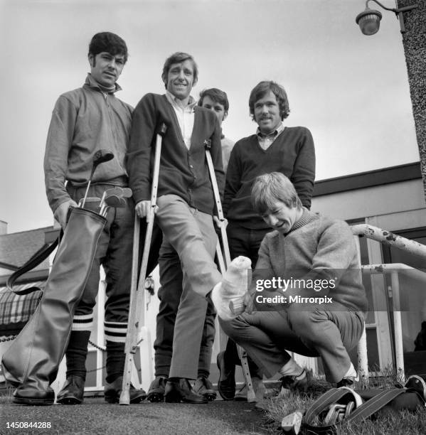 Keith Newton recuperates with teammates at the golf course in Pleasington, Blackburn. November 1969.