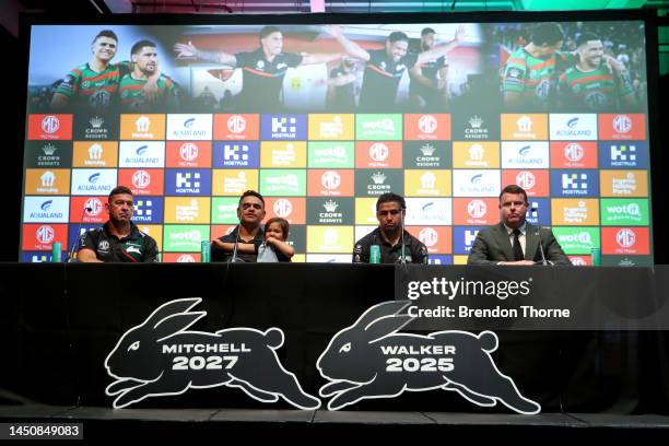 Latrell Mitchell and Cody Walker of the Rabbitohs speak to the media during a South Sydney Rabbitohs NRL media opportunity at The Venue on December...