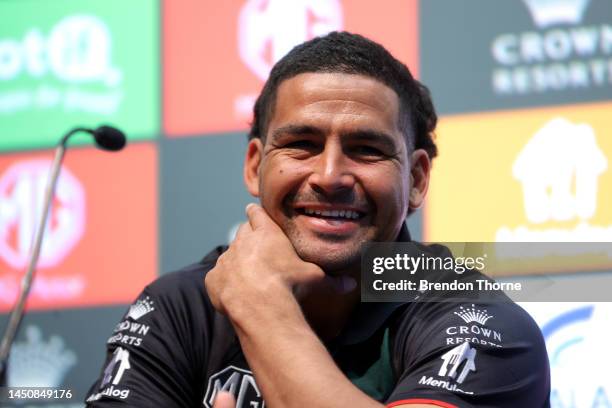 Cody Walker of the Rabbitohs speaks to the media during a South Sydney Rabbitohs NRL media opportunity at The Venue on December 21, 2022 in Sydney,...