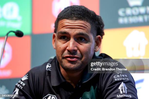 Cody Walker of the Rabbitohs speaks to the media during a South Sydney Rabbitohs NRL media opportunity at The Venue on December 21, 2022 in Sydney,...