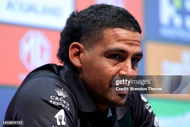 Cody Walker of the Rabbitohs speaks to the media during a South Sydney Rabbitohs NRL media opportunity at The Venue on December 21, 2022 in Sydney,...