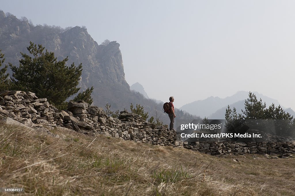 Man stands on stone wall, looks toward horizon