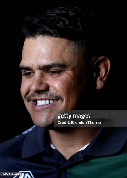 Latrell Mitchell of the Rabbitohs speaks to the media during a South Sydney Rabbitohs NRL media opportunity at The Venue on December 21, 2022 in...