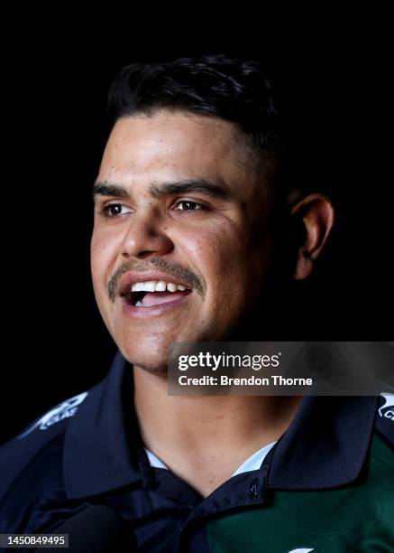 Latrell Mitchell of the Rabbitohs speaks to the media during a South Sydney Rabbitohs NRL media opportunity at The Venue on December 21, 2022 in...