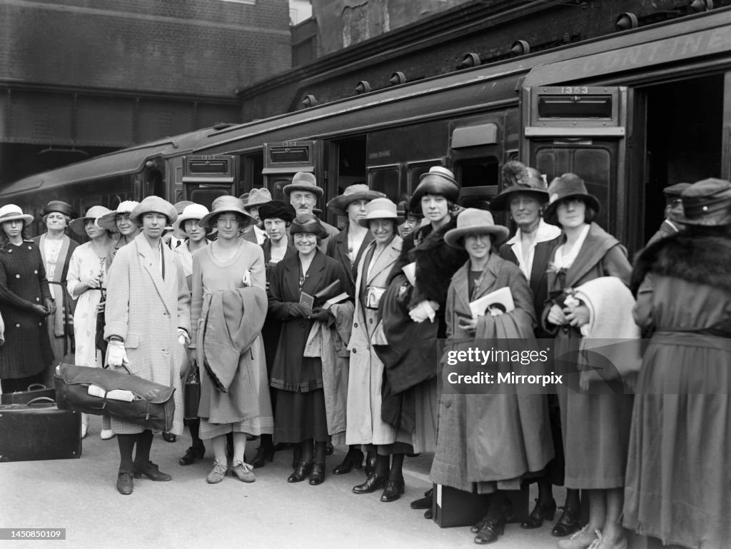 British Women's Team at a Train Station in London ahead of departure for the first ever International Track Meet for Women 1922