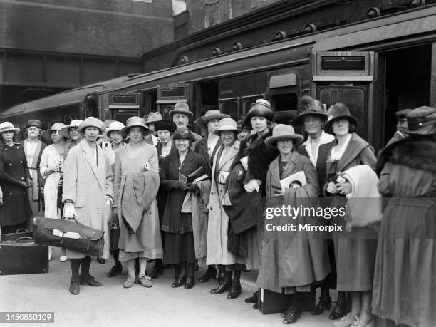 Paris 1922 British Women's Team at a Train Station in London ahead of departure for the first ever International Track Meet for Women held on the...