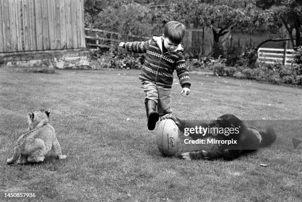 Boy playing rugby with his pet chimp Charles at the Longleat Lion Reserve. All is going well, except when Charles gets the ball, and converts a try...