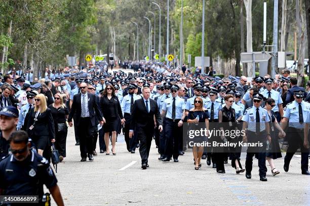 Large crowd of Poloice Officers gather to form a guard of honour as Police Officers pay their respects on December 21, 2022 in Brisbane, Australia....