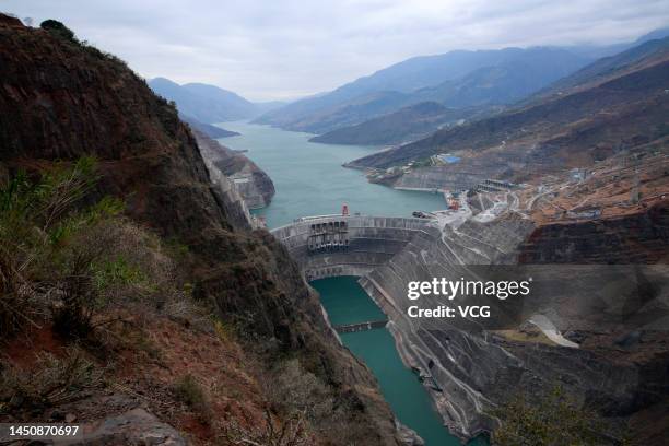 Aerial view of the Baihetan hydropower station on December 20, 2022 in Zhaotong, Yunnan Province of China. Baihetan hydropower station started full...