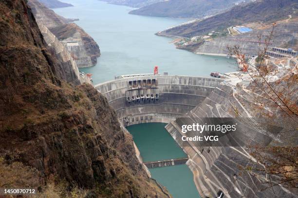 Aerial view of the Baihetan hydropower station on December 20, 2022 in Zhaotong, Yunnan Province of China. Baihetan hydropower station started full...