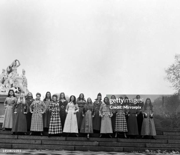 Some of the contestants wearing coats from Elgee, Miss Selfridge, Fifth Avenue, and Just Looking. Back row, left to right: Feliza Teresa Miro ,...