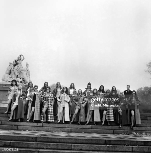 Some of the contestants wearing coats from Elgee, Miss Selfridge, Fifth Avenue, and Just Looking. Back row, left to right: Feliza Teresa Miro ,...