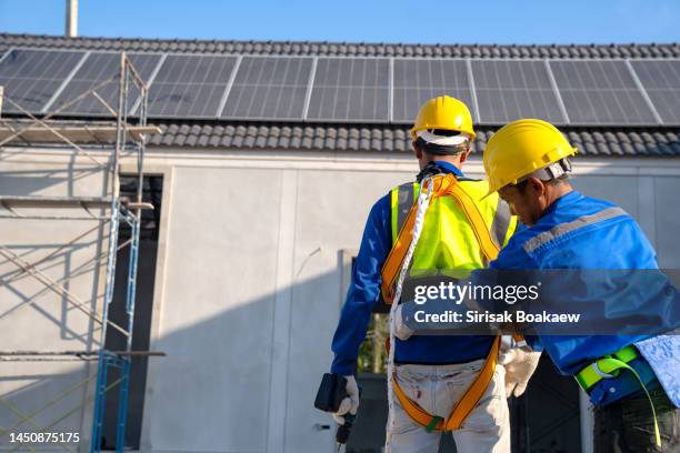 employees working at heights wear seat belts. - safety harness - fotografias e filmes do acervo