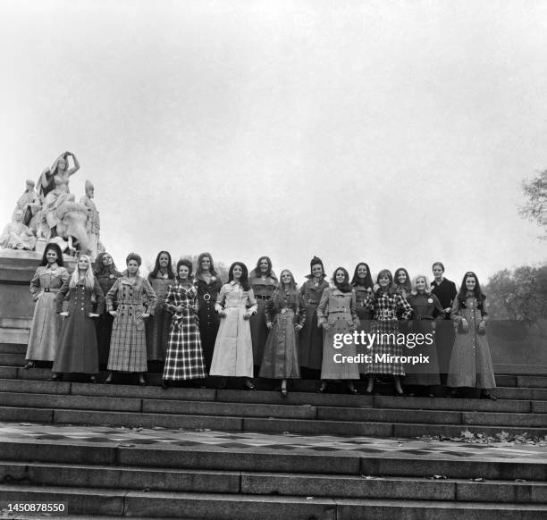 Some of the contestants wearing coats from Elgee, Miss Selfridge, Fifth Avenue, and Just Looking. Back row, left to right: Feliza Teresa Miro ,...