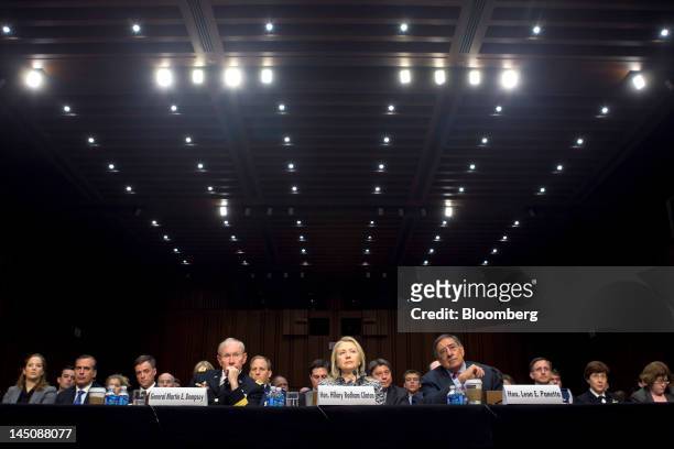 Martin Dempsey, chairman of the Joint Chiefs of Staff, left to right, Hillary Clinton, U.S. Secretary of state, and Leon Panetta, U.S. Secretary of...