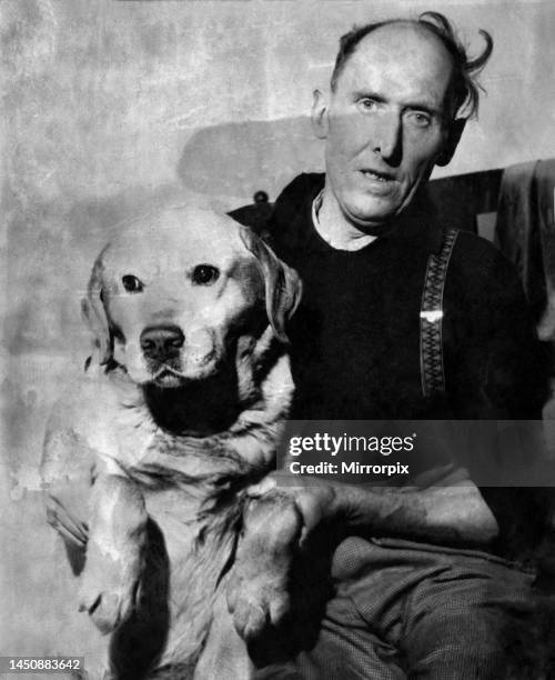 Sandy the golden Labrador who saved a woman injured in the snow pictured with his master John Megginson. 4th January 1962.