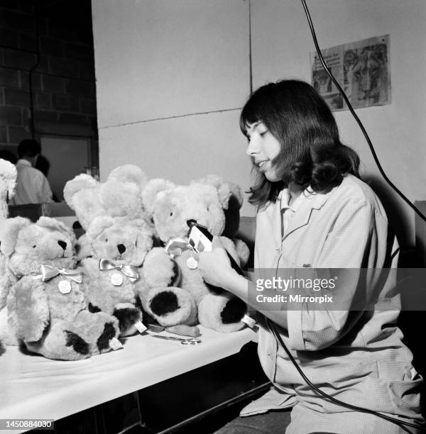 Teenage girl putting the finishing touches to a teddy bear. With her buzzing razor, she shapes teddy's face, giving him that appealing expression...