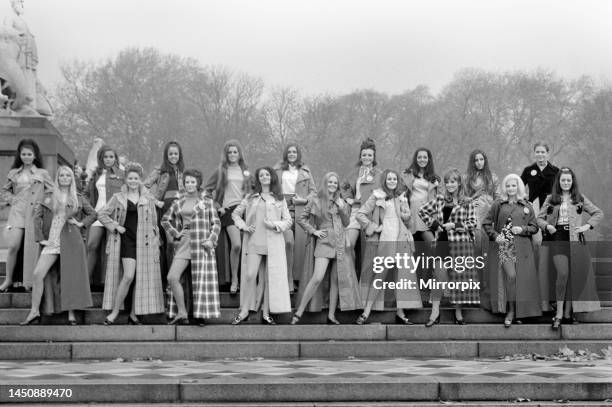 Some of the contestants wearing coats from Elgee, Miss Selfridge, Fifth Avenue, and Just Looking. Back row, left to right: Feliza Teresa Miro ,...